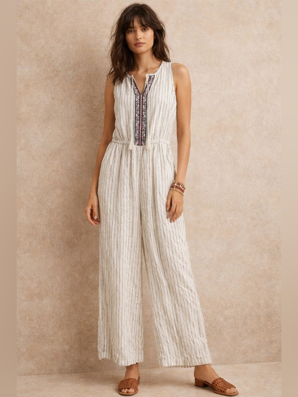 Old Navy Linen Blend Embroidered Striped Jumpsuit Size Small